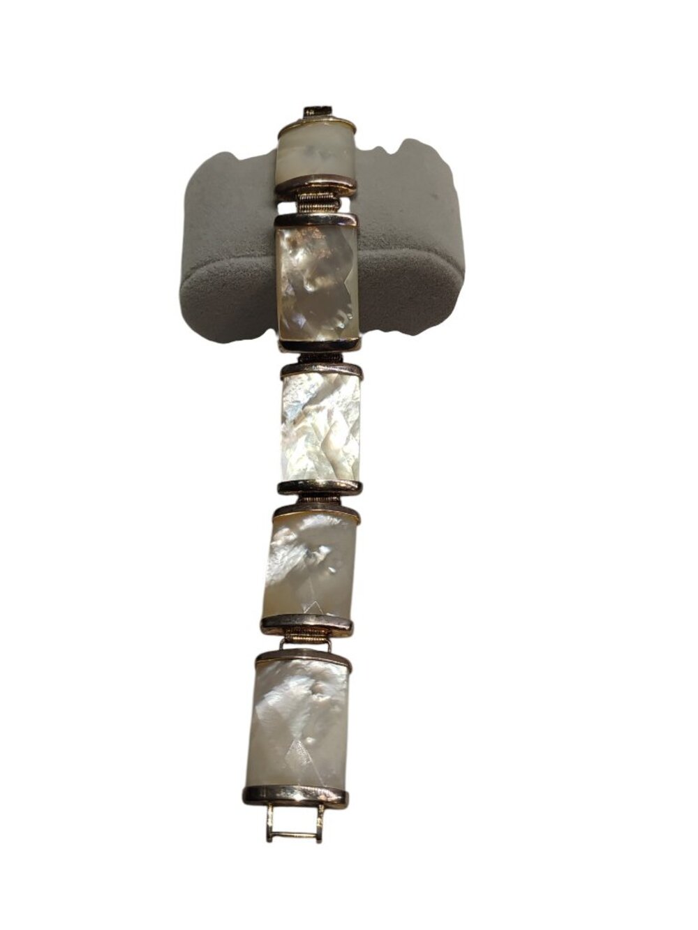 Vintage WW Hong Kong 925 Sterling Silver Mother Of Pearl Panel Link Bracelet